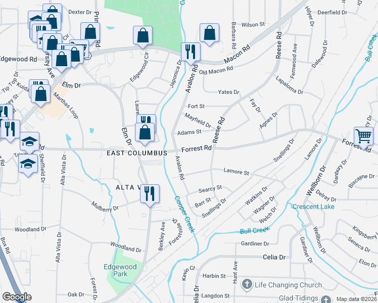 map of restaurants, bars, coffee shops, grocery stores, and more near 4214 Forrest Road in Columbus