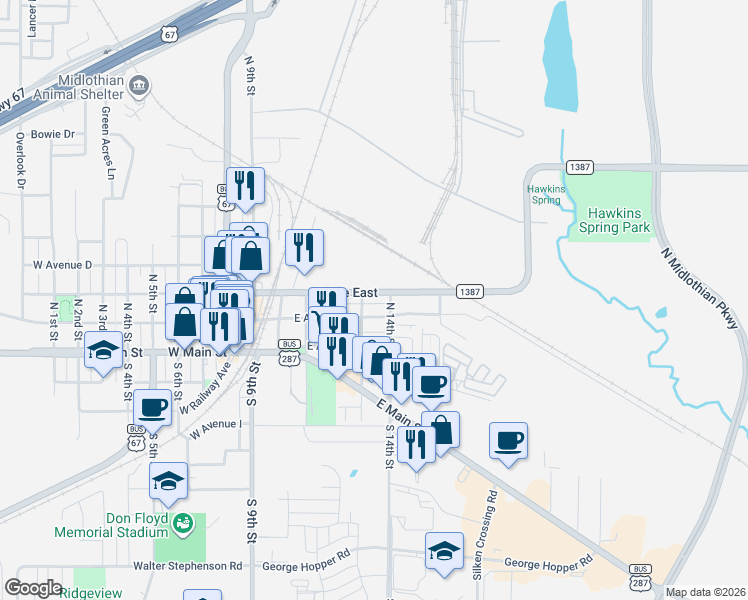 map of restaurants, bars, coffee shops, grocery stores, and more near 506 East Avenue East in Midlothian