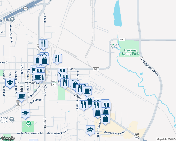 map of restaurants, bars, coffee shops, grocery stores, and more near 616 East Avenue East in Midlothian