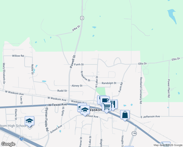 map of restaurants, bars, coffee shops, grocery stores, and more near 170 Bryson Street in Waskom