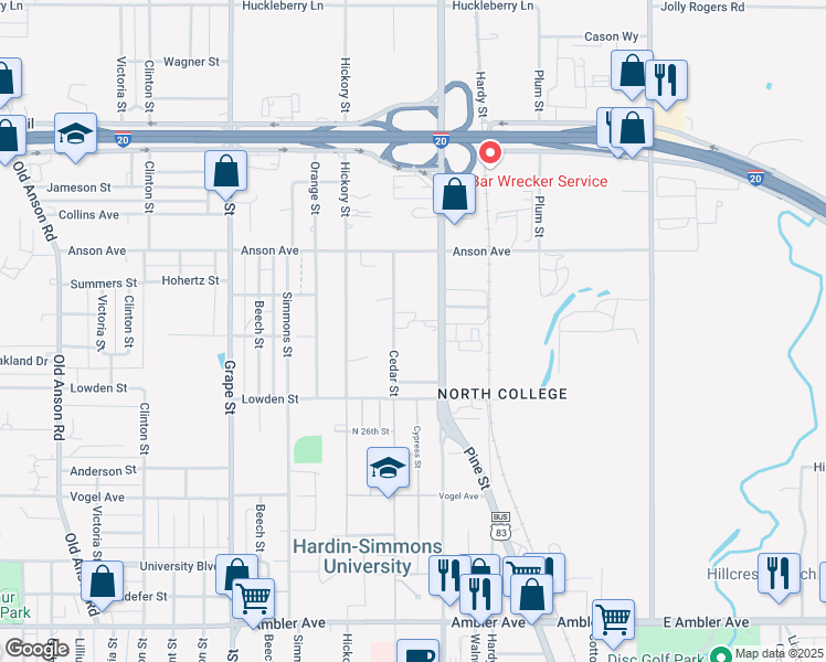 map of restaurants, bars, coffee shops, grocery stores, and more near 2825 Cedar Street in Abilene