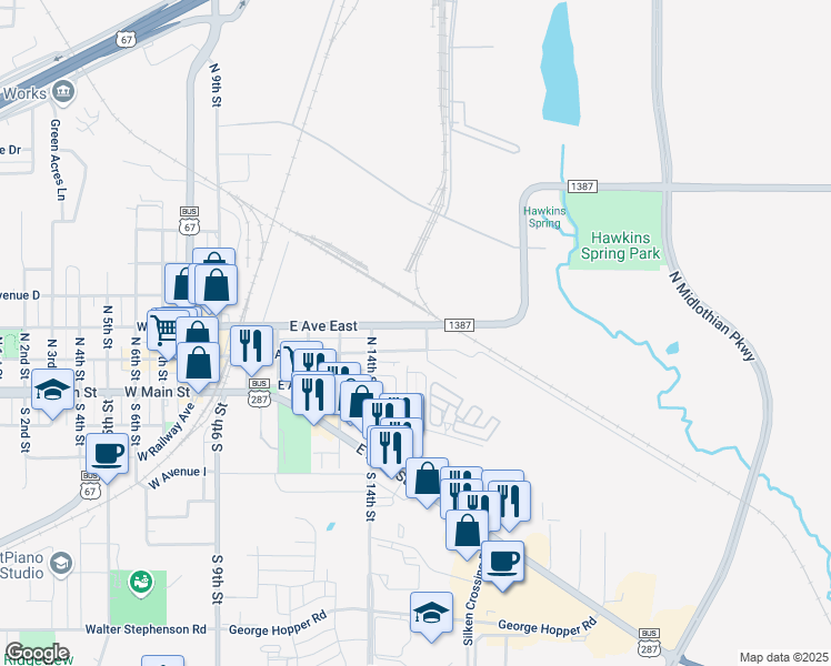 map of restaurants, bars, coffee shops, grocery stores, and more near 616 East Avenue East in Midlothian