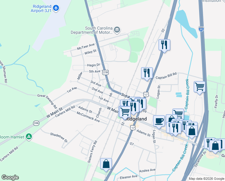 map of restaurants, bars, coffee shops, grocery stores, and more near 498 3rd Avenue in Ridgeland
