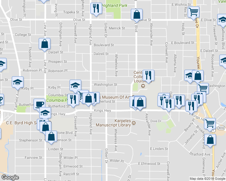 map of restaurants, bars, coffee shops, grocery stores, and more near 312 Columbia Street in Shreveport