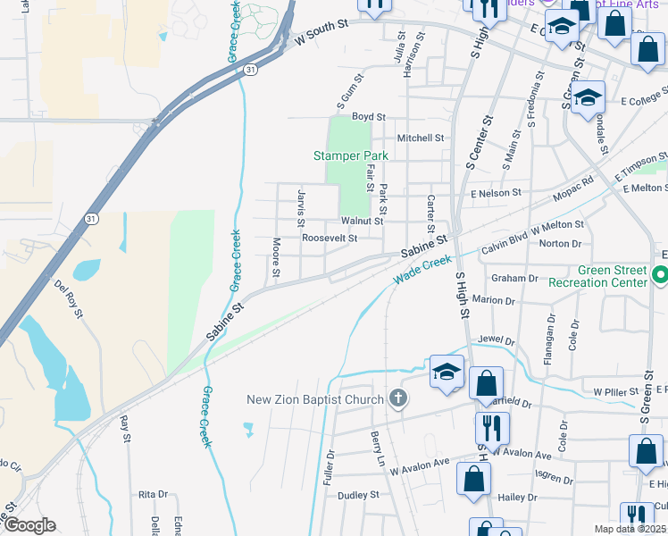 map of restaurants, bars, coffee shops, grocery stores, and more near 617 West Sabine Street in Longview
