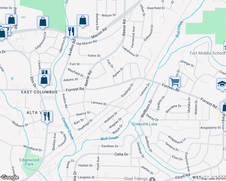 map of restaurants, bars, coffee shops, grocery stores, and more near 4384 Forrest Road in Columbus