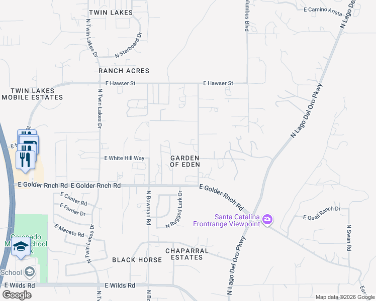 map of restaurants, bars, coffee shops, grocery stores, and more near 4072 East Adams Rib Place in Tucson