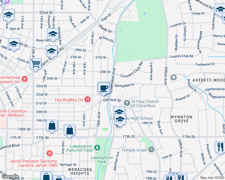 map of restaurants, bars, coffee shops, grocery stores, and more near 2112 Cherokee Avenue in Columbus