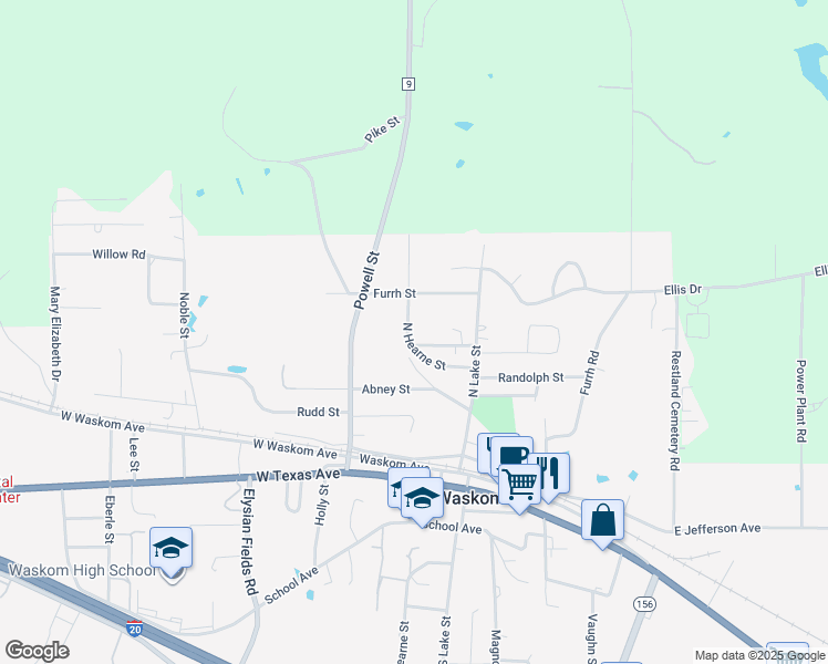 map of restaurants, bars, coffee shops, grocery stores, and more near 290 Bryson Street in Waskom