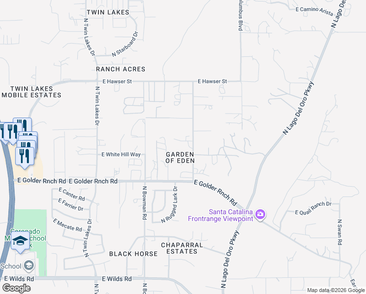 map of restaurants, bars, coffee shops, grocery stores, and more near 4072 East Adams Rib Place in Tucson