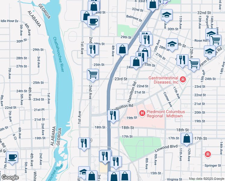 map of restaurants, bars, coffee shops, grocery stores, and more near 412 21st Street in Columbus