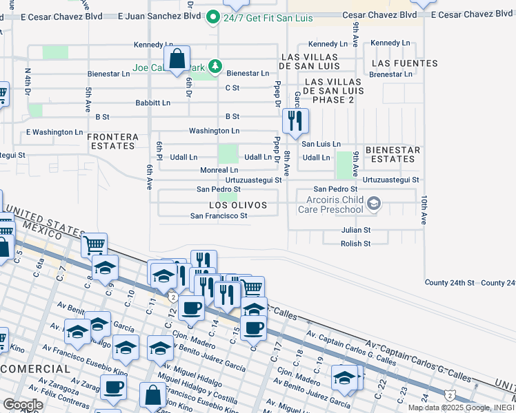 map of restaurants, bars, coffee shops, grocery stores, and more near in San Luis