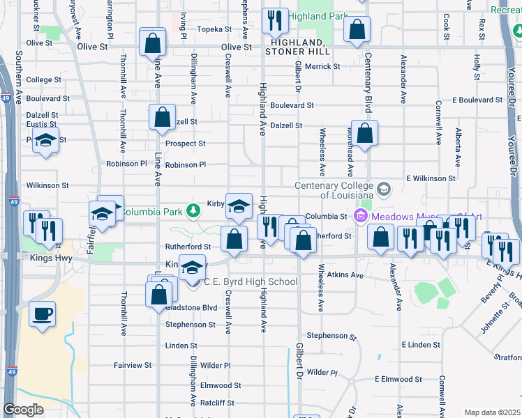 map of restaurants, bars, coffee shops, grocery stores, and more near 2826 Highland Avenue in Shreveport
