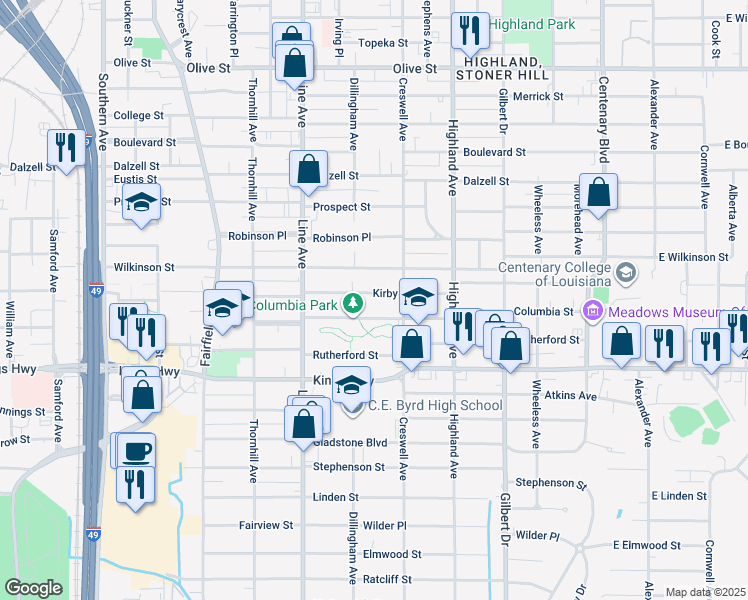 map of restaurants, bars, coffee shops, grocery stores, and more near 616 Columbia Street in Shreveport