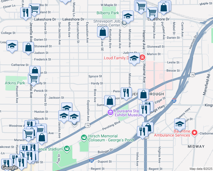 map of restaurants, bars, coffee shops, grocery stores, and more near 2716 Amherst Street in Shreveport