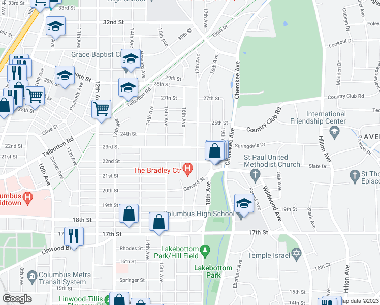 map of restaurants, bars, coffee shops, grocery stores, and more near 2215 17th Avenue in Columbus