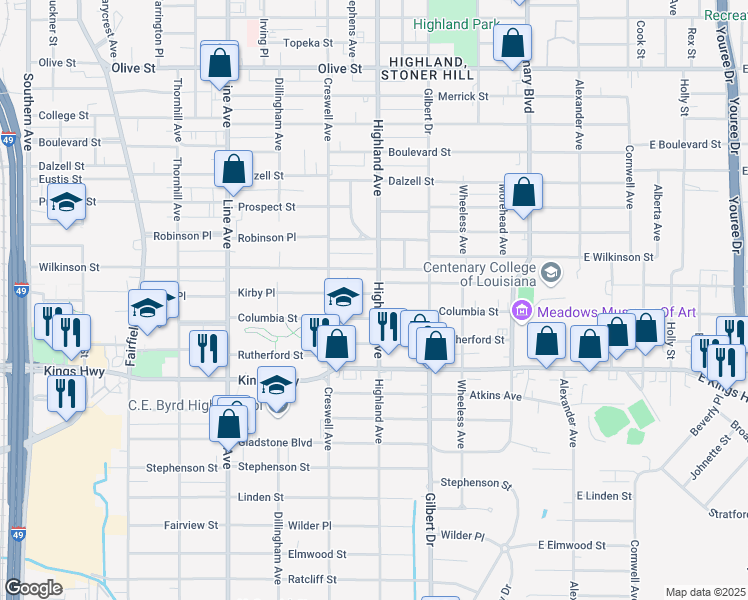 map of restaurants, bars, coffee shops, grocery stores, and more near 501 Kirby Place in Shreveport