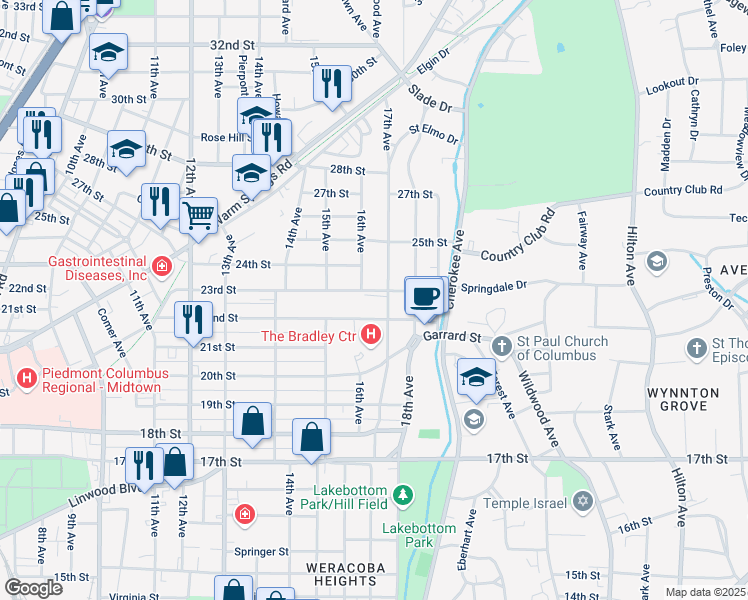 map of restaurants, bars, coffee shops, grocery stores, and more near 2201 17th Avenue in Columbus