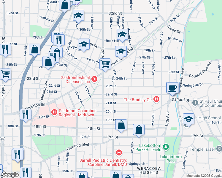 map of restaurants, bars, coffee shops, grocery stores, and more near 1209 22nd Street in Columbus