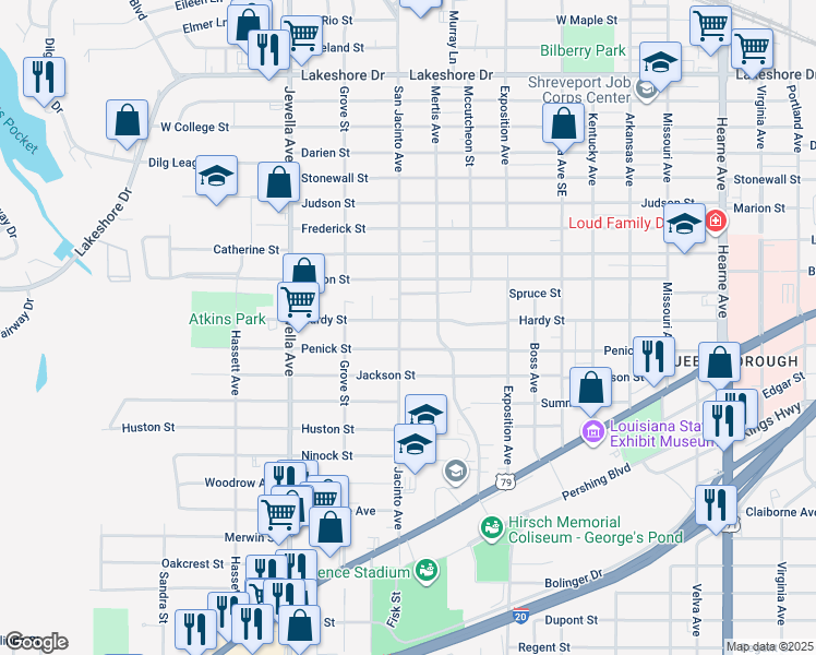 map of restaurants, bars, coffee shops, grocery stores, and more near 3412 Penick Street in Shreveport