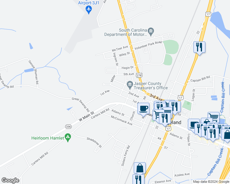 map of restaurants, bars, coffee shops, grocery stores, and more near 283 1st Avenue in Ridgeland