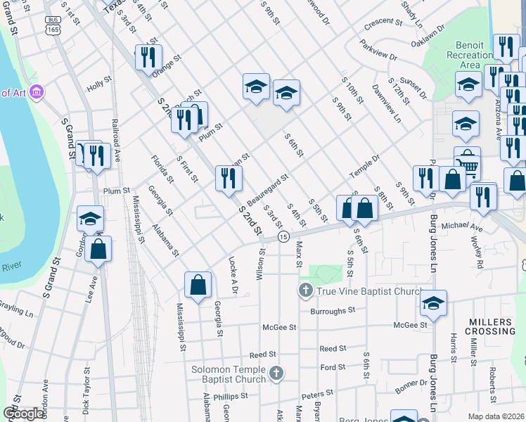 map of restaurants, bars, coffee shops, grocery stores, and more near 1607 S 2nd St in Monroe