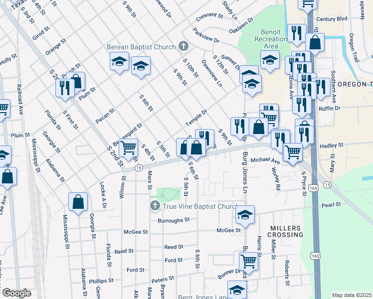 map of restaurants, bars, coffee shops, grocery stores, and more near 1715 S 6th St in Monroe