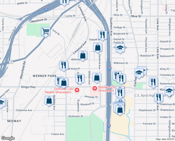 map of restaurants, bars, coffee shops, grocery stores, and more near 1407 West Kirby Place in Shreveport