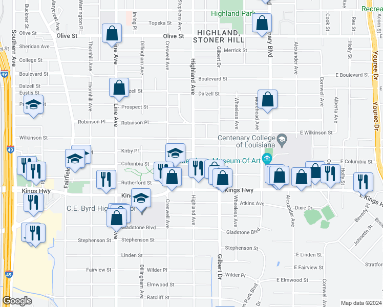 map of restaurants, bars, coffee shops, grocery stores, and more near 2828 Highland Avenue in Shreveport