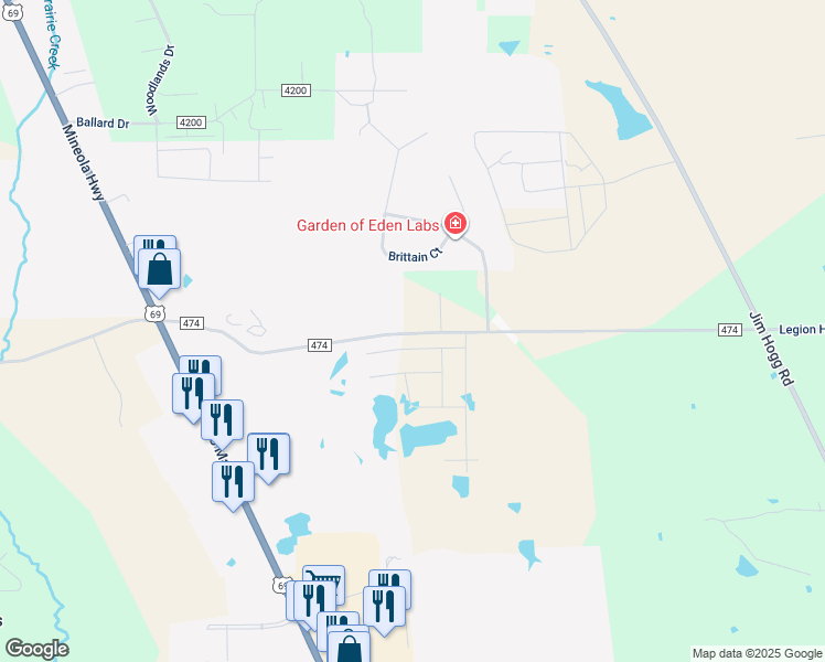map of restaurants, bars, coffee shops, grocery stores, and more near 490 County Road 474 in Lindale