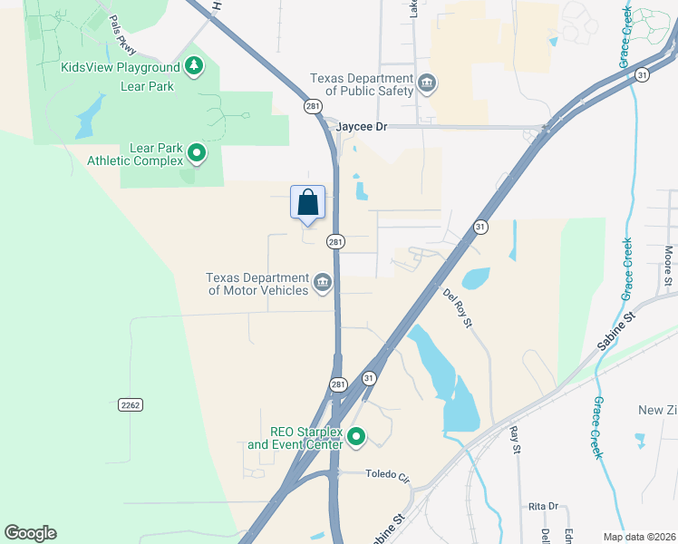 map of restaurants, bars, coffee shops, grocery stores, and more near 4538 Texas 281 Loop in Longview