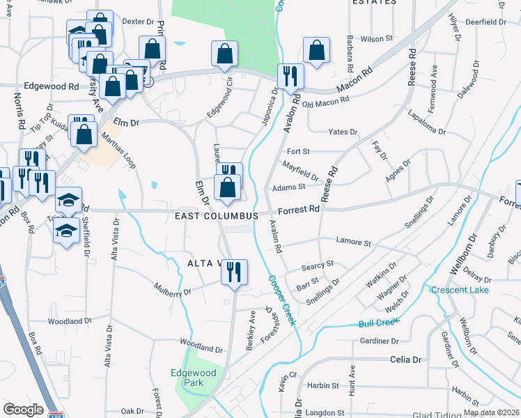 map of restaurants, bars, coffee shops, grocery stores, and more near 4131 Forrest Road in Columbus