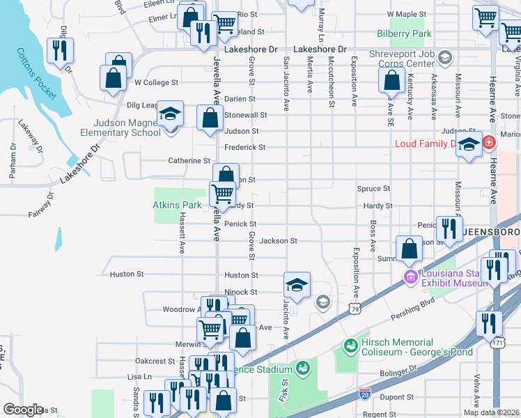 map of restaurants, bars, coffee shops, grocery stores, and more near 3543 Hardy Street in Shreveport