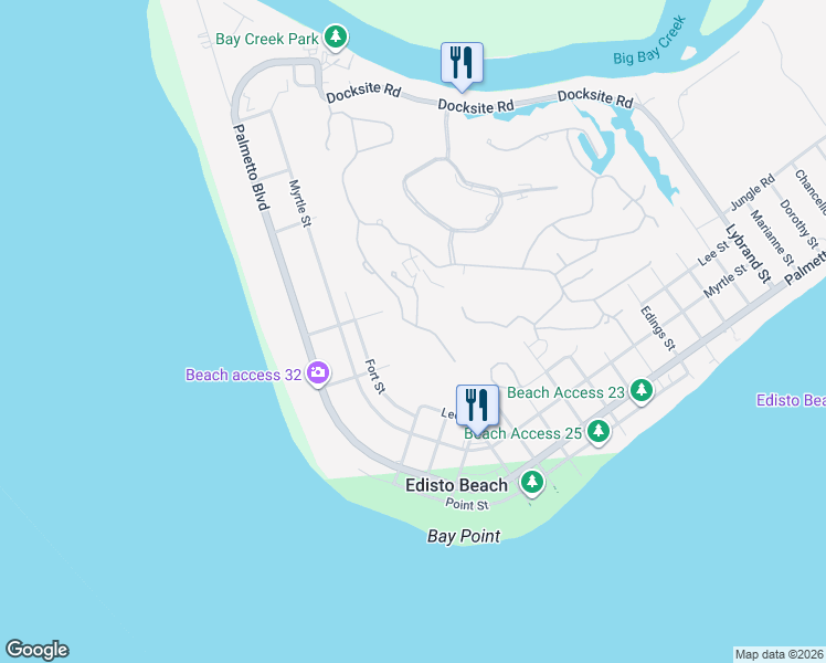 map of restaurants, bars, coffee shops, grocery stores, and more near 839 Fairway Drive in Edisto Island
