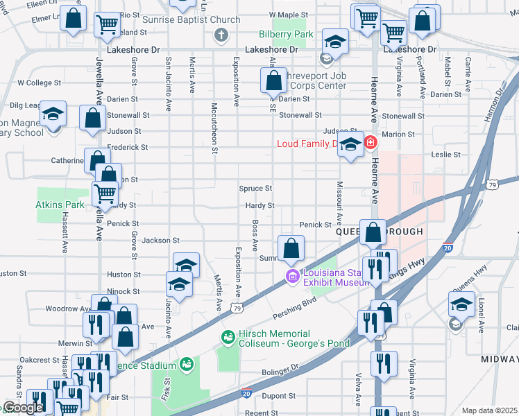 map of restaurants, bars, coffee shops, grocery stores, and more near 2901 Boss Avenue in Shreveport