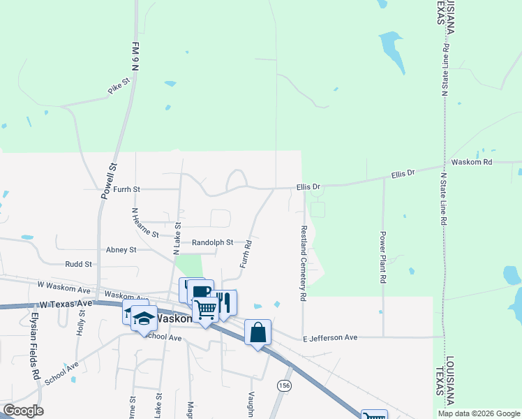 map of restaurants, bars, coffee shops, grocery stores, and more near 590 Furrh Road in Waskom