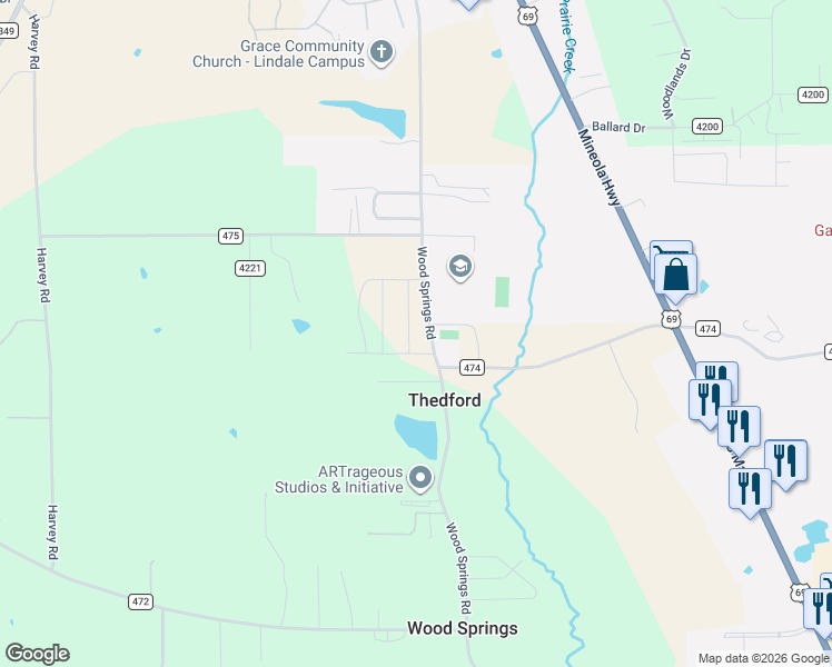 map of restaurants, bars, coffee shops, grocery stores, and more near 15000-15210 Wood Springs Rd in Lindale