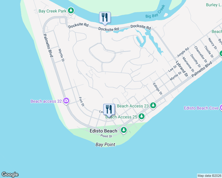 map of restaurants, bars, coffee shops, grocery stores, and more near 534B Oristo Ridge in Edisto Island