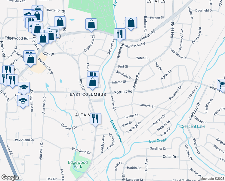map of restaurants, bars, coffee shops, grocery stores, and more near 4214 Forrest Road in Columbus