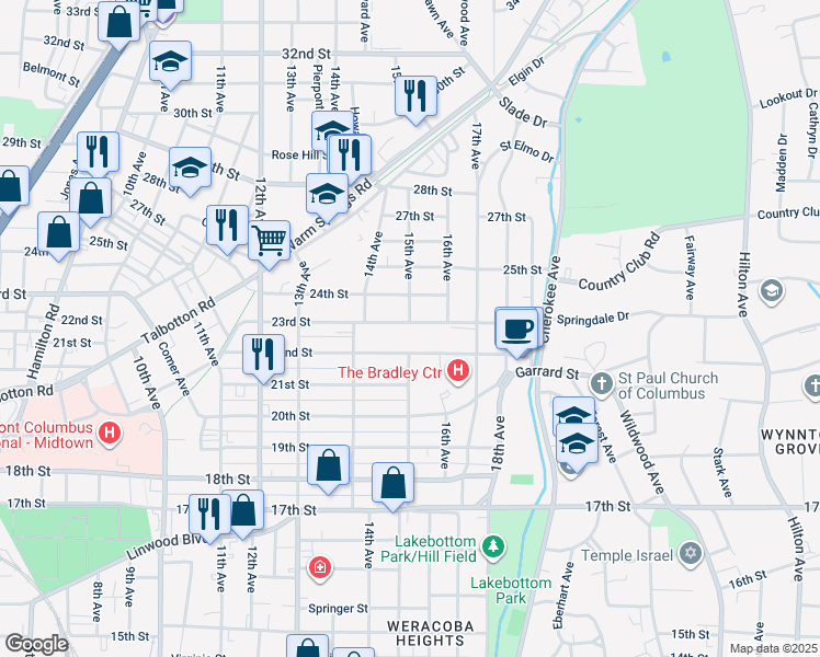 map of restaurants, bars, coffee shops, grocery stores, and more near 1450 23rd Street in Columbus