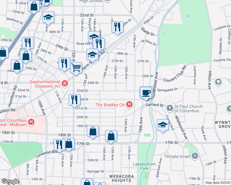map of restaurants, bars, coffee shops, grocery stores, and more near 1450 23rd Street in Columbus
