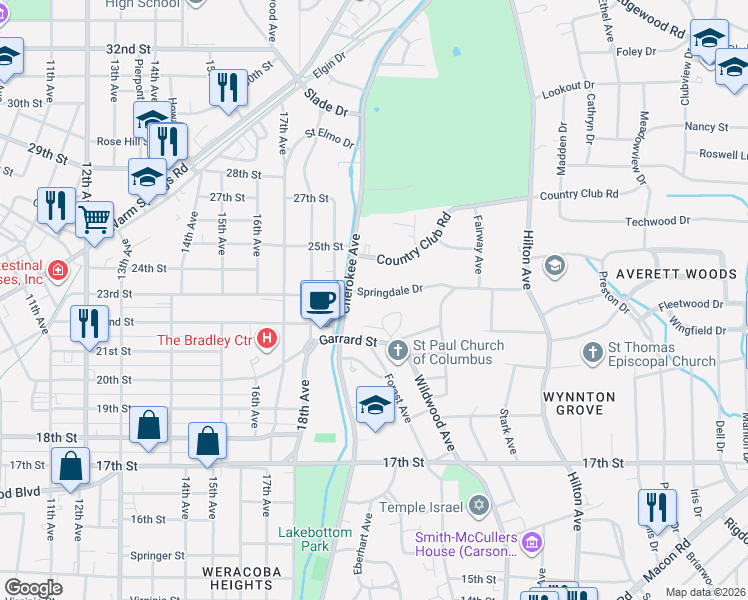 map of restaurants, bars, coffee shops, grocery stores, and more near 2221 Wildwood Circle in Columbus