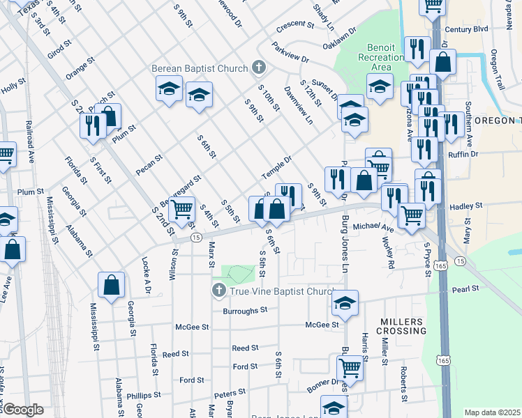 map of restaurants, bars, coffee shops, grocery stores, and more near 1715 S 6th St in Monroe