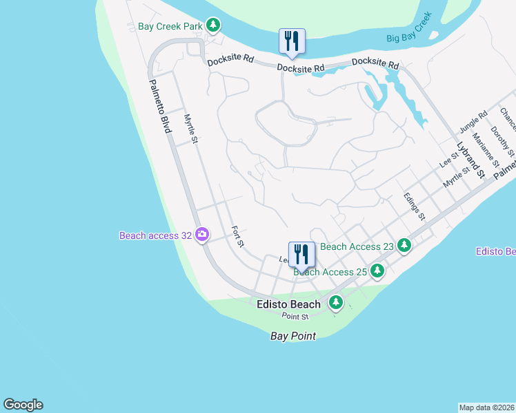 map of restaurants, bars, coffee shops, grocery stores, and more near 839 Fairway Drive in Edisto Island