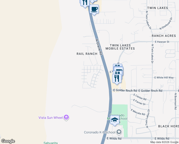 map of restaurants, bars, coffee shops, grocery stores, and more near 15301 North Oracle Road in Tucson
