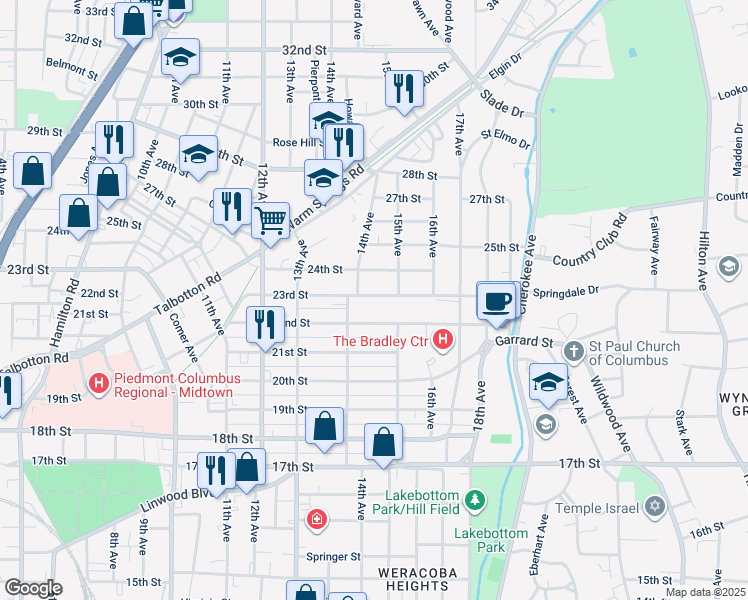 map of restaurants, bars, coffee shops, grocery stores, and more near 1441 22nd Street in Columbus