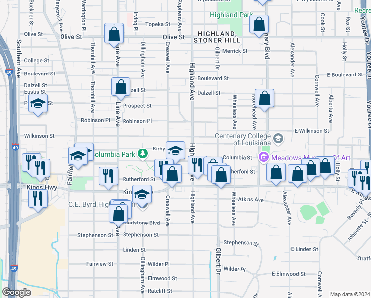 map of restaurants, bars, coffee shops, grocery stores, and more near in Shreveport