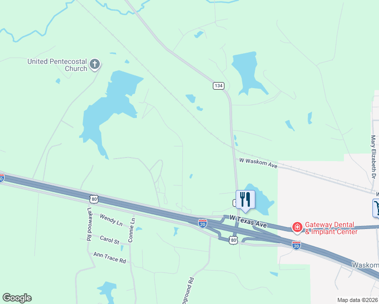 map of restaurants, bars, coffee shops, grocery stores, and more near 401 Lake Road in Waskom