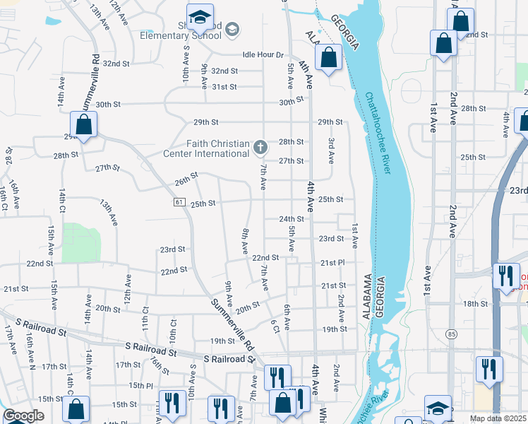 map of restaurants, bars, coffee shops, grocery stores, and more near 2405 7th Avenue in Phenix City