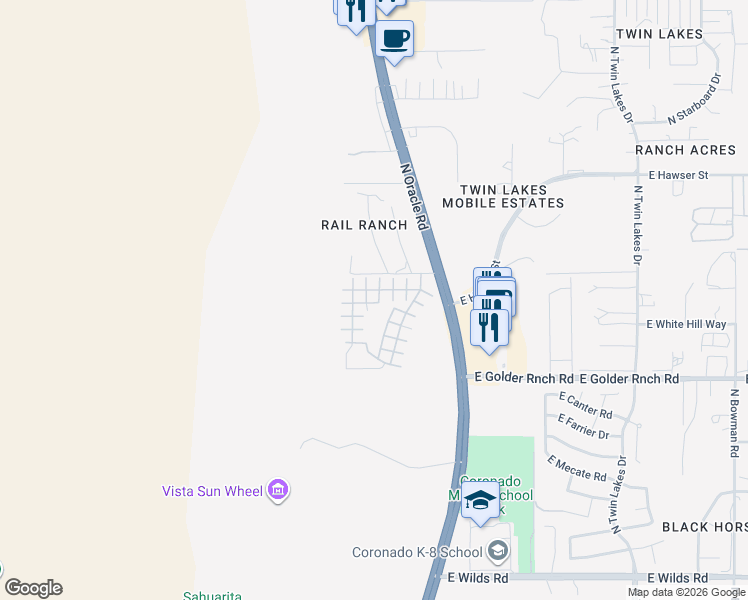map of restaurants, bars, coffee shops, grocery stores, and more near 15301 North Oracle Road in Tucson